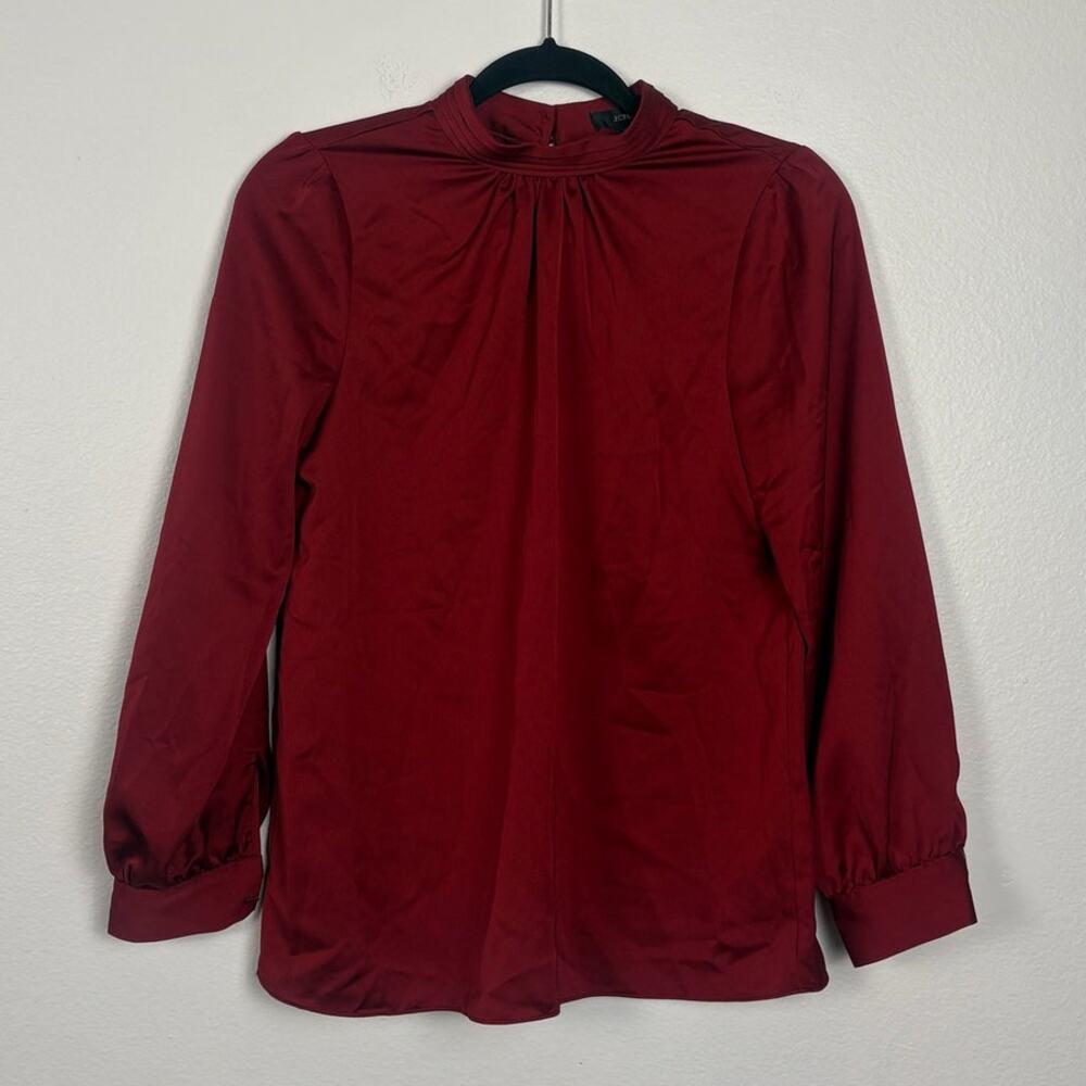 NWT J. Crew High Neck Long Sleeve Satin Crimson Red Blouse XS